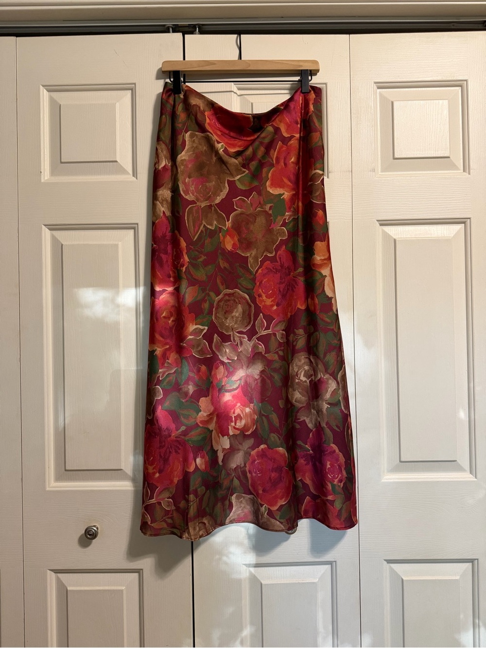 Sage the Label Floral Satin Maxi Skirt in Burgundy and Pink